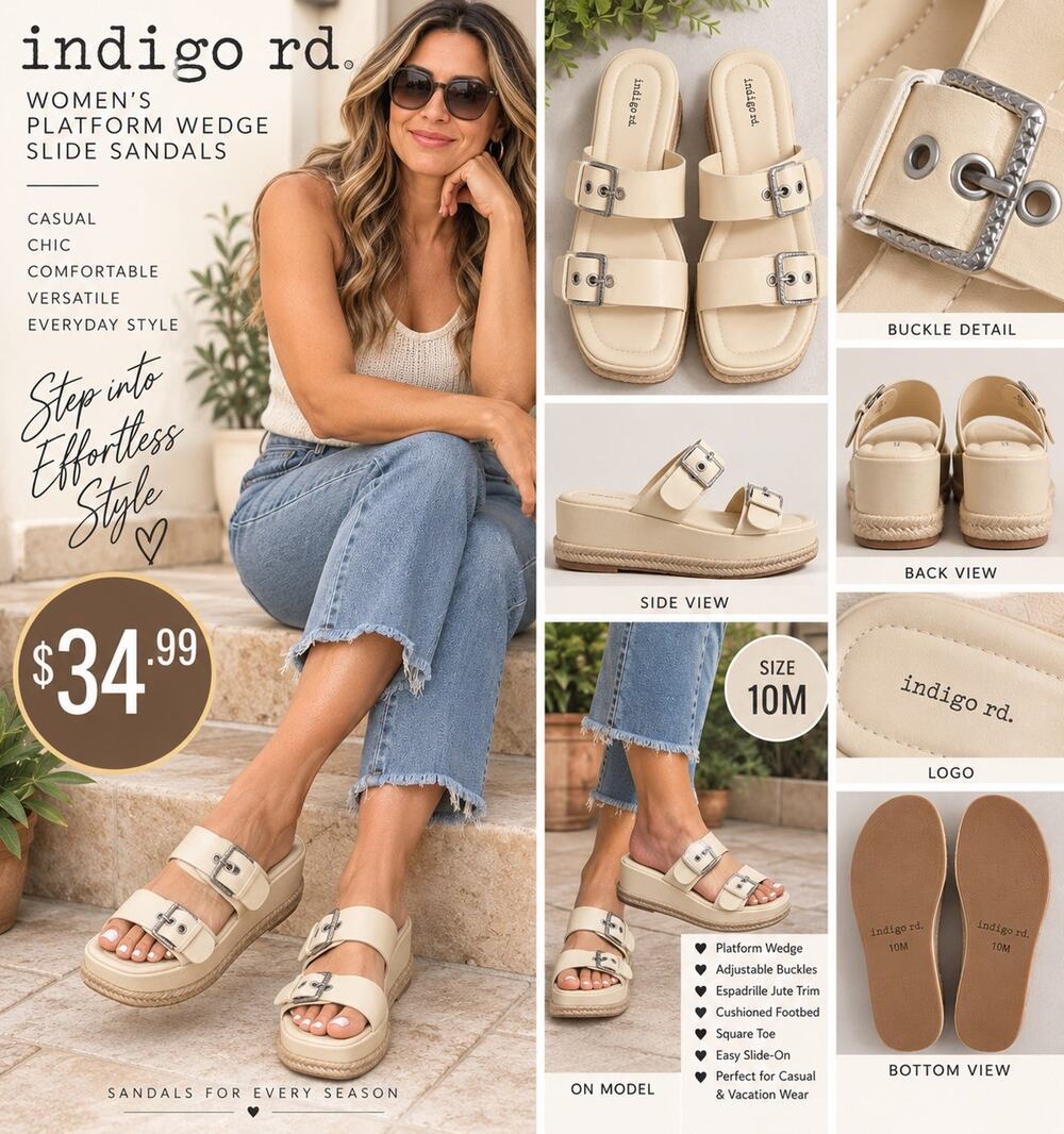 indigo Rd Womens 10M Platform Wedge Sandals Ivory Buckle Espadrille Slides NIB